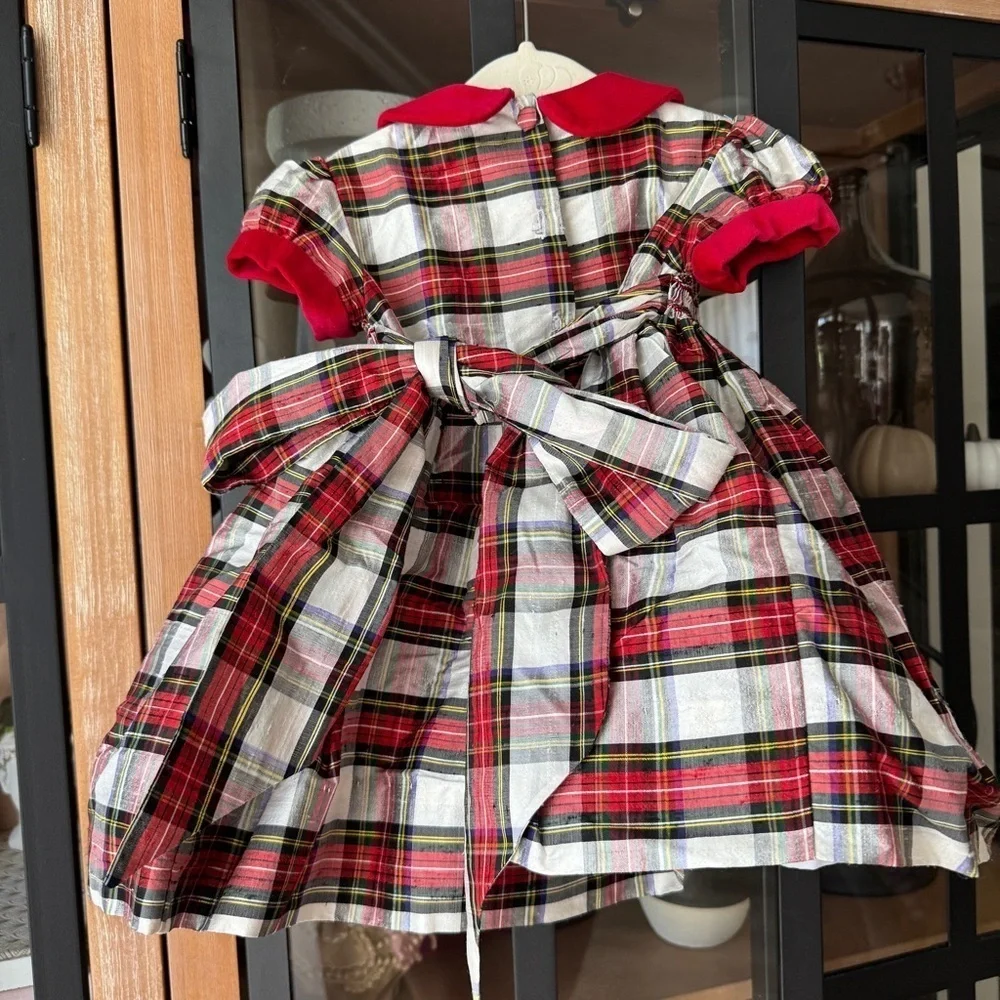 Marco & Lizzy silk plaid dress baby girl smocked puff sleeve peter pan collar